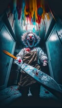 Clown With A Scary Look With A Big Knife In His Hand. Generative AI.