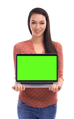 A young Asian woman or a girl with computer screen mockup for online data, Green screen, laptop background for website or advertising isolated  isolated on a png background.