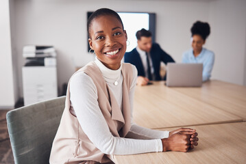 Aufkleber - Portrait of professional black woman with business leadership, job management and planning in conference room. Young employee, worker or corporate person with employees workflow and career mindset