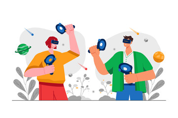 Aufkleber - Metaverse gray concept with people scene in the flat cartoon style. Two friends play computer games in virtual space using VR glasses.