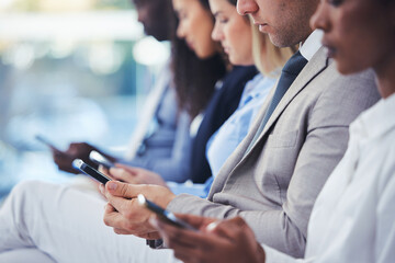 Aufkleber - Hands, phone and hr with a group of people waiting in line for an interview or meeting. Mobile, hiring and recruitment with business collegues sitting in a human resources candidate shortlist row