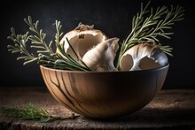In This Up Close Photograph, Three Raw King Oyster Mushrooms And Some Rosemary Sprigs Sit In A Bowl Against A Dark Wooden Background. Generative AI