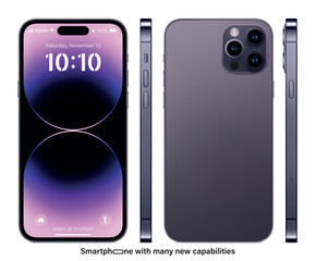 Poster - new frameless smartphone purple color with colored screen saver front, back and side view isolated on white background. mockup of realistic and detailed mobile phone. vector illustration