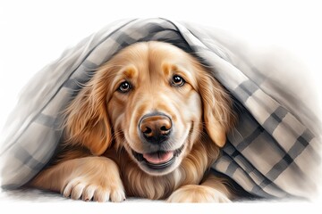 Poster - a young golden retriever dog smiling and resting on a light gray plaid. in the midst of a cold winte