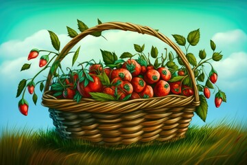 Poster - Full, ripe rose hips in a basket, photographed up close against a rural backdrop. The idea of a healthy diet. Generative AI