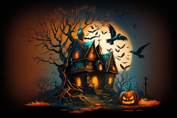 Sticker - Halloween party concept with a spooky house, crows, and a pumpkin lit up at night as a backdrop. Generative AI