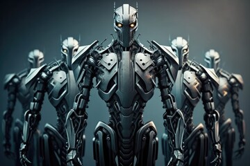 Poster - conceptual cyborg army of obedient male robots. generative ai