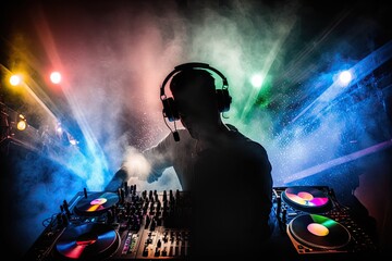 Canvas Print - Club dj using headphones and a mixer. An ambient laser light show. Generative AI