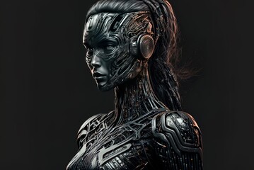 Artistic rendition of a female robot, head turned away, cut from body, and set against a dark backdrop. Generative AI