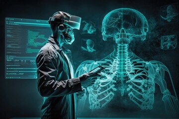 Poster - A man in a suit and headphones looking at a skeleton in a virtual world biopunk a hologram holography