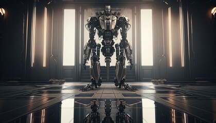 Poster - A robot standing in a room with a large window and a tiled floor with a black and white checkered floor redshift render an ambient occlusion render deconstructivism