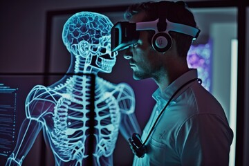 Poster - A man wearing headphones looking at a skeleton in a room with a computer screen biopunk a hologram holography
