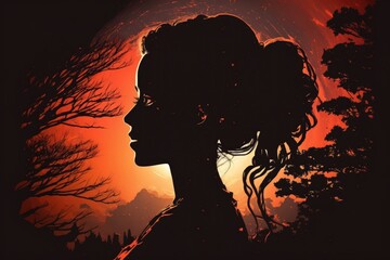 A woman's profile is shown in front of a sunset with trees and a full moon highly detailed digital painting an ultrafine detailed painting fantasy art