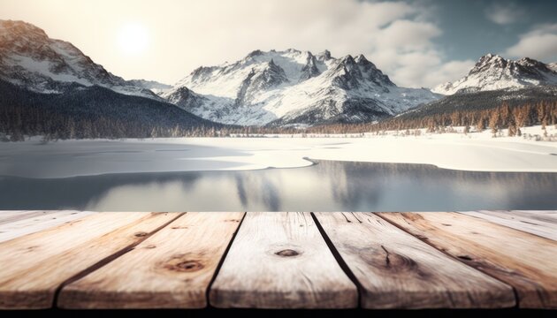 a wooden table top with a mountain view in the background with a lake and snow covered mountains pla