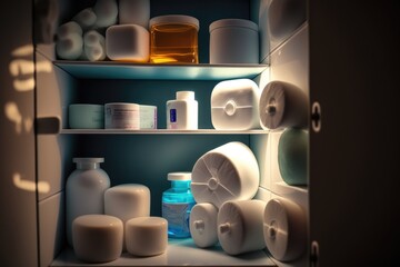 Poster - A shelf filled with lots of different types of medicine bottles and containers on it's sides ambient occlusion an ambient occlusion render neoplasticism