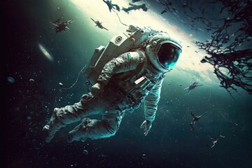 Poster - An astronaut floating in space with a bunch of birds flying around him and a space shuttle in the background space a detailed matte painting space art