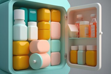 Poster - A refrigerator with medicine bottles and containers inside of it and a refrigerator door open octane renderer an ambient occlusion render neoplasticism