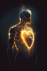 Poster - A human body with a glowing heart in the middle of it's torso and back anatomical a 3d render analytical art