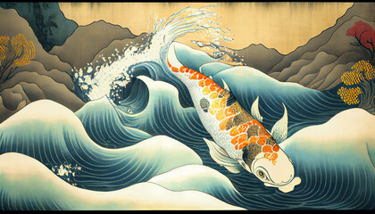 Traditional japanese carp fishes, japaneese style illustration, AI generative