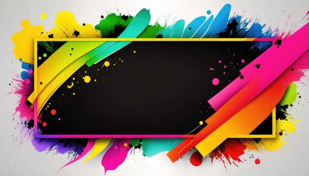 A colorful background with a black square frame and paint splatters on it saturated colors computer graphics abstract art