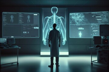 Poster - A man standing in front of a display of medical equipment in a dark room with a skeleton projected on the wall biopunk a hologram neoplasticism