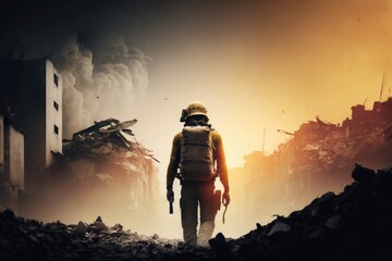Poster - A man in a yellow jacket and a helmet walking through a destroyed city with a gun in his hand war poster art serial art