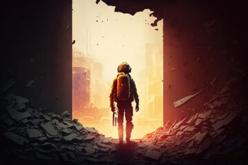 Poster - A man standing in a doorway with a backpack on his back and a city in the background biopunk poster art space art