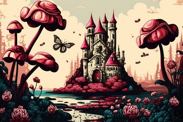 Poster - magnificent scenery complete with roses, butterflies, and a castle full with magic mushrooms. artwork for the story of Alice in Wonderland. Generative AI