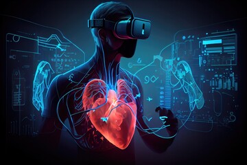 Poster - A man wearing a virtual reality headset and holding a heart in his hands with a futuristic interface in the background biopunk computer graphics futurism