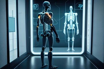 Poster - A robot standing in a room with a skeleton in it's body and a glowing light on his chest anatomy computer graphics neoplasticism