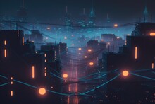 A City With Lots Of Lights And Wires In The Night Time Sky With A City Skyline In The Background Cyberpunk City Cyberpunk Art Retrofuturism