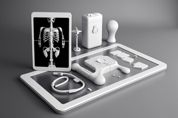 Poster - A tablet with a skeleton and a medical device on it's display surface with a tabletop and accessories 3 d model an ambient occlusion render neoplasticism