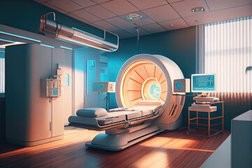 Poster - A hospital room with a bed and a monitor on the wall and a light in the middle unreal 5 highly rendered a raytraced image neoplasticism