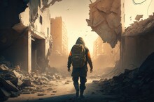 A Man Walking Through A Destroyed City With A Backpack On His Back And A Backpack On His Shoulder Dystopian Art Cyberpunk Art Neoism