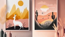 Two Paintings Of Deer In A Desert Setting With A Pink Wall And A Cactus Plant In Gouache Detailed Paintings An Ultrafine Detailed Painting Modern European Ink Painting
