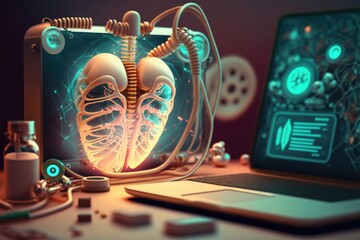Poster - A laptop computer sitting on top of a desk next to a computer screen with a human heart biopunk computer graphics computer art