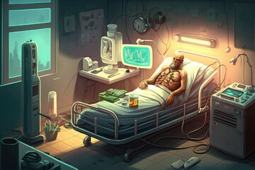 Poster - A man laying in a hospital bed with a monitor and a cup of beer on the bed game art cyberpunk art sots art