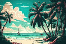 In The Background Of This Beautiful Tropical Beach Are Swaying Coconut Palm Trees. Illustration Of Coconut Palm Trees And Clouds Against A Blue Sky, In A Retro Style. Inspirational Wallpaper Featuring