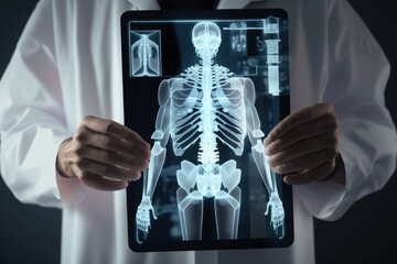 Poster - A doctor holding a x - ray image of a skeleton in his hands with a black background biomechanical a hologram neoplasticism