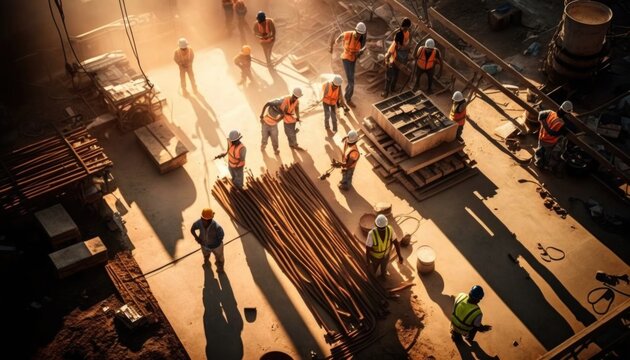 a group of construction workers standing around a building site with a lot of wood on the ground sol