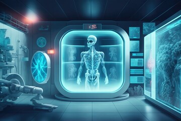 Poster - A futuristic looking room with a skeleton in the window and a machine in the background biopunk cyberpunk art neoplasticism
