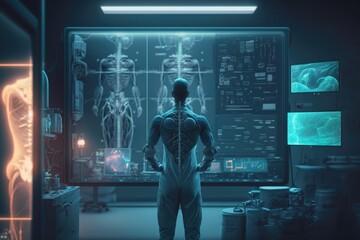 Poster - A man standing in front of a medical display in a room with a skeleton on it biopunk cyberpunk art retrofuturism