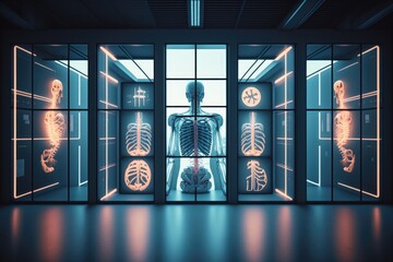 Poster - A skeleton in a room with a lot of glowing lights on the walls and a window anatomy computer graphics neoplasticism