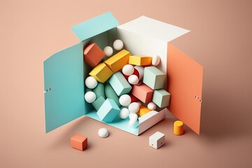 Poster - A box with a bunch of cubes inside of it on a table top with a few balls cinema 4 d a 3d render neoplasticism