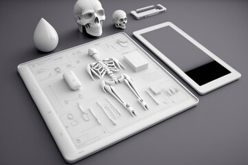 Poster - A tablet with a skeleton on it next to a tablet and a tabletop with a tablet 3 d model an ambient occlusion render computer art