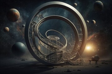 Fototapete - A spiral staircase in the middle of a space filled with planets and stars with a spiral spirals concept art space art