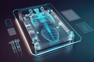 Poster - A medical device with a skeleton in the middle of it and a medical device next to it anatomical a computer rendering holography