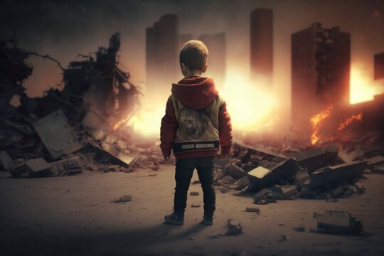 A young boy standing in front of a pile of rubble in a city with a fire in the background dystopian art cyberpunk art neoism