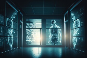 Poster - A skeleton in a room with multiple windows and a view of a server room with multiple screens biopunk a hologram neoplasticism