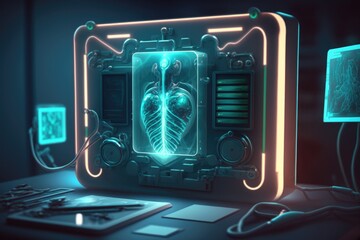 Poster - A computer with a neon frame and a neon light on it's side and a keyboard on the other side biopunk cyberpunk art computer art